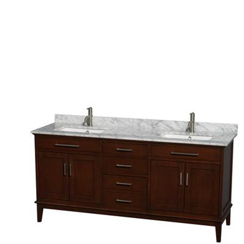 Hatton 72 In. Double Vanity in Dark Chestnut with Marble Top in Carrara White and Square Sinks