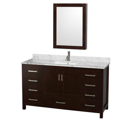 Sheffield 60 In. Vanity in Espresso with Marble Vanity Top in Carrara White and Medicine Cabinet