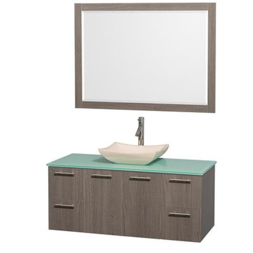 Amare 48 In. Vanity in Grey Oak with Glass Vanity Top in Aqua and Ivory Marble Sink