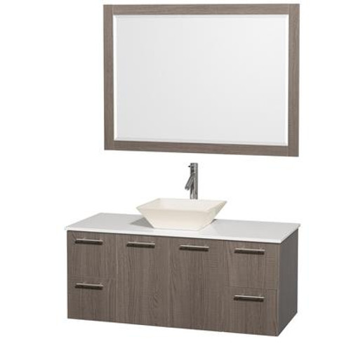 Amare 48 In. Vanity in Grey Oak with Man-Made Stone Vanity Top in White and Bone Porcelain Sink