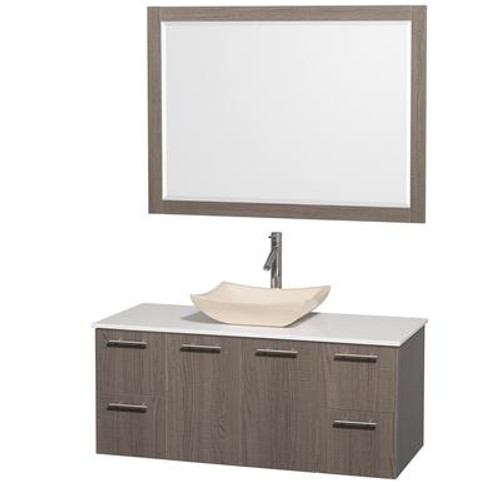 Amare 48 In. Vanity in Grey Oak with Man-Made Stone Vanity Top in White and Ivory Marble Sink