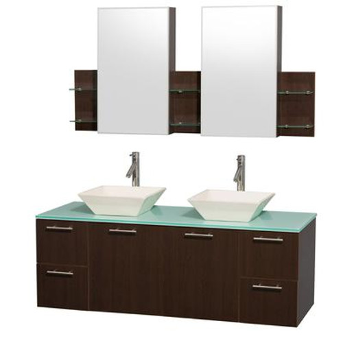 Amare 60 In. Vanity in Espresso with Glass Top in Aqua and Bone Porcelain Sinks with Med. Cabinets