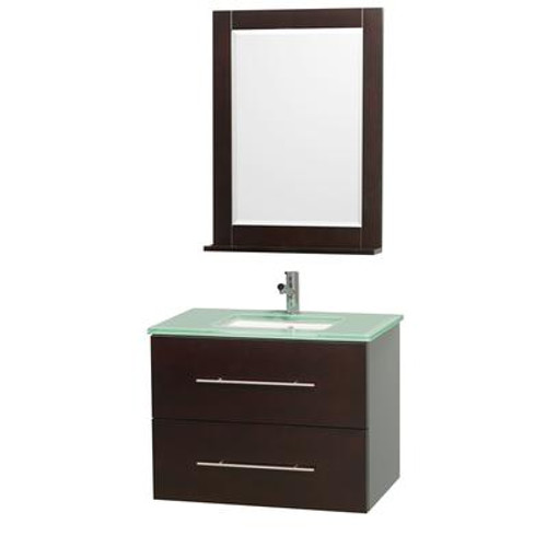 Centra 30 In. Vanity in Espresso with Glass Top in Aqua and Square Porcelain Under Mounted Sink