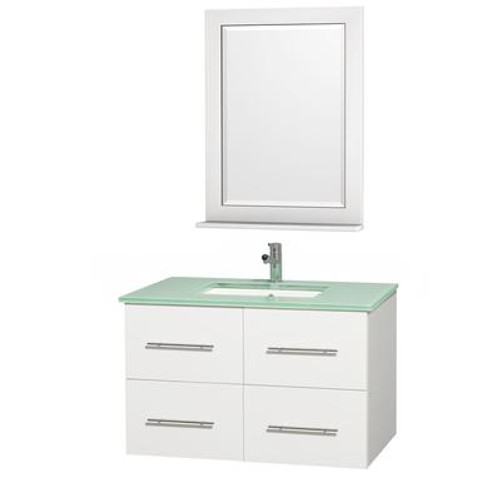 Centra 36 In. Vanity in White with Glass Vanity Top in Aqua and Square Porcelain Under Mounted Sink