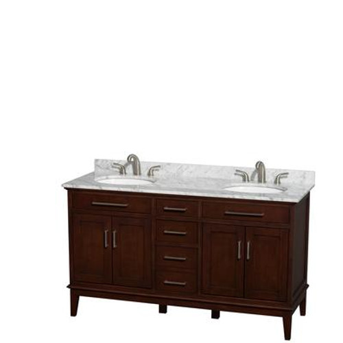 Hatton 60 In. Double Vanity in Dark Chestnut with Marble Vanity Top in Carrara White and Oval Sinks