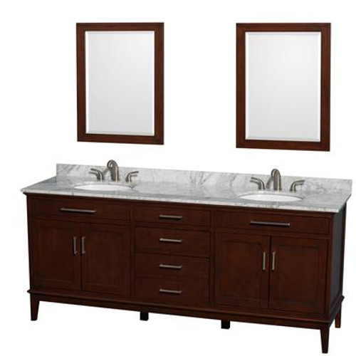 Hatton 80 In. Double Vanity in Dark Chestnut with Marble Top in Carrara White with Sinks and Mirrors