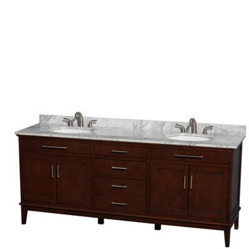 Hatton 80 In. Double Vanity in Dark Chestnut with Marble Vanity Top in Carrara White and Oval Sinks