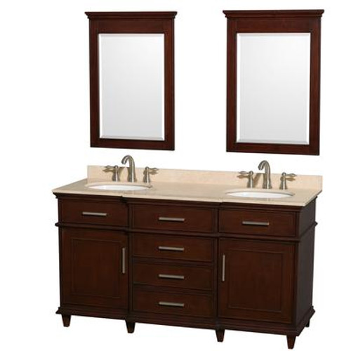 Berkeley 60 In. Double Vanity in Dark Chestnut with Marble Top in Ivory with Oval Sinks and Mirrors