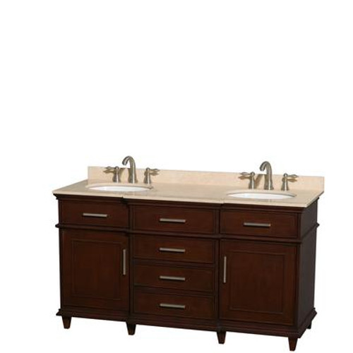 Berkeley 60 In. Double Vanity in Dark Chestnut with Marble Vanity Top in Ivory and Oval Sinks