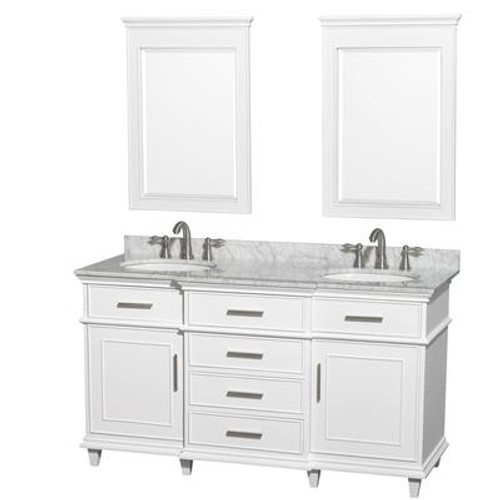 Berkeley 60 In. Double Vanity in White with Marble Top in Carrara White with Oval Sinks and Mirrors
