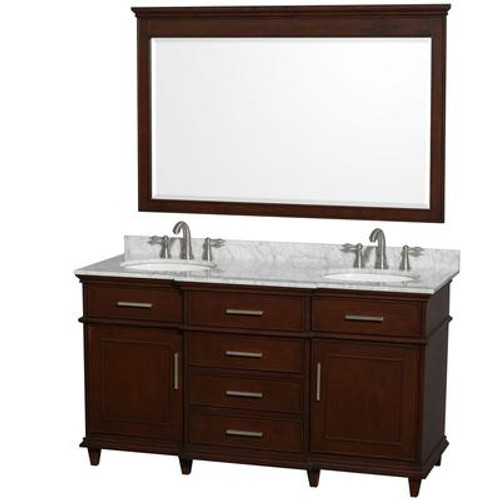 Berkeley 60 In. Vanity in Dark Chestnut with Marble Top in Carrara White with Oval Sinks and Mirror