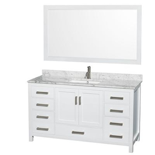 Sheffield 60 In. Vanity in White with Marble Vanity Top in Carrara White and 58 In. Mirror