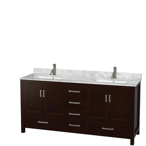 Sheffield 72 In. Double Vanity in Espresso with Marble Vanity Top in Carrara White