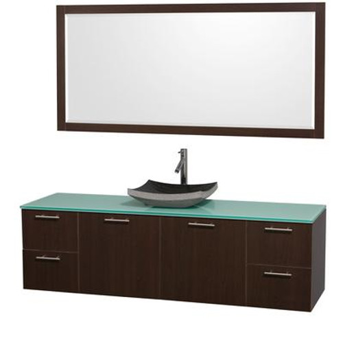 Amare 72 In. Vanity in Espresso with Glass Vanity Top in Aqua and Black Granite Sink