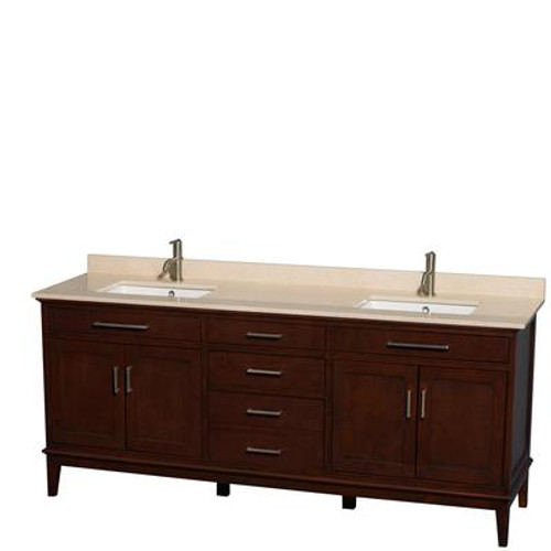 Hatton 80 In. Double Vanity in Dark Chestnut with Marble Vanity Top in Ivory and Square Sinks