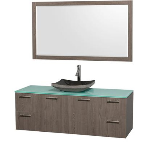 Amare 60 In. Vanity in Grey Oak with Glass Vanity Top in Aqua and Black Granite Sink