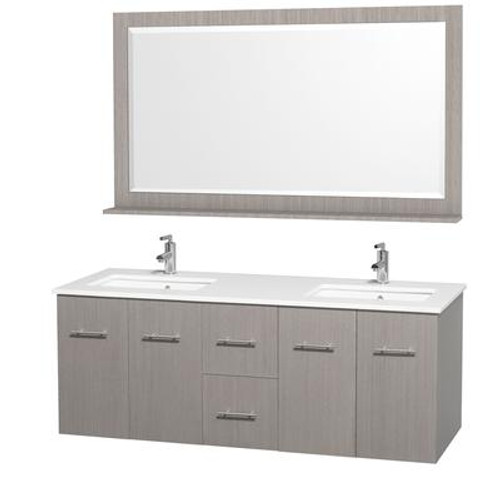 Centra 60 In. Double Vanity in Grey Oak with Man-Made Stone Top in White and Square white Sinks