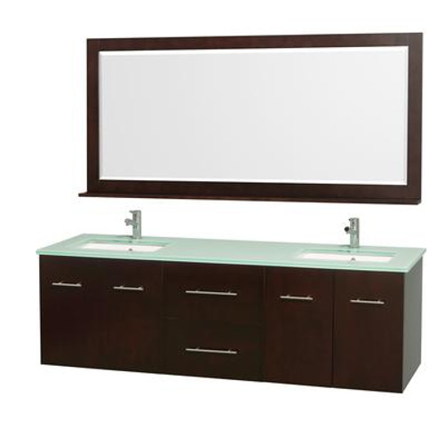 Centra 72 In. Double Vanity in Espresso with Glass Top in Aqua and White Square Sinks