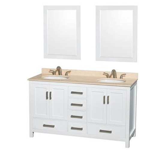 Sheffield 60 In. Double Vanity in White with Marble Vanity Top in Ivory and 24 In. Mirrors