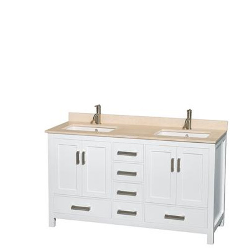 Sheffield 60 In. Double Vanity in White with Marble Vanity Top in Ivory