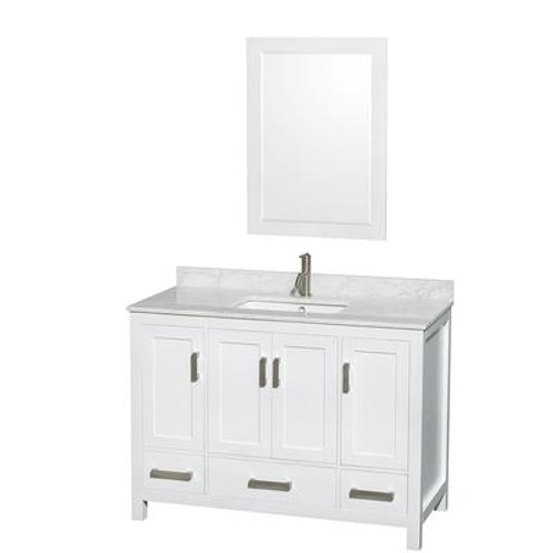 Sheffield 48 In. Vanity in White with Marble Vanity Top in Carrara White and 24 In. Mirror
