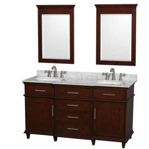 Berkeley 60 In. Vanity in Dark Chestnut with Marble Top in Carrara White with Oval Sinks and Mirrors