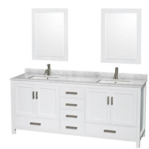 Sheffield 80 In. Double Vanity in White with Marble Vanity Top in Carrara White and 24 In. Mirrors