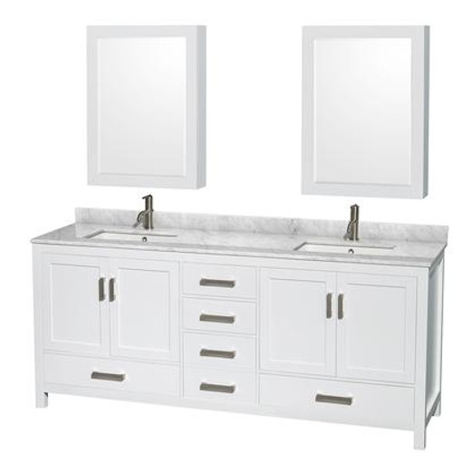 Sheffield 80 In. Double Vanity in White with Marble Top in Carrara White and Medicine Cabinets