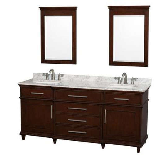 Berkeley 72 In. Vanity in Dark Chestnut with Marble Top in Carrara White with Oval Sinks and Mirrors