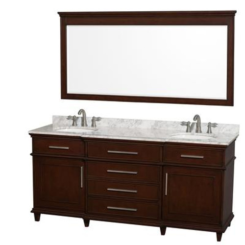 Berkeley 72 In. Vanity in Dark Chestnut with Marble Top in Carrara White with Oval Sinks and Mirror