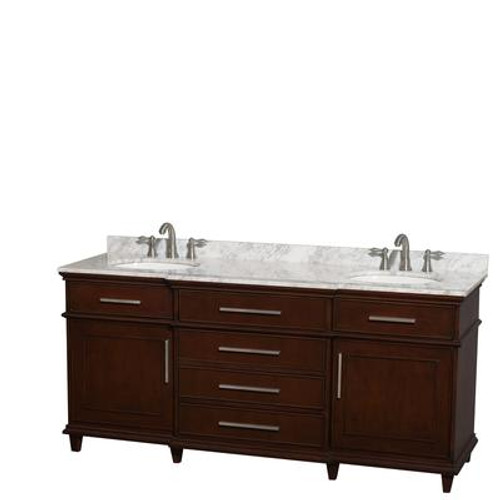 Berkeley 72 In. Double Vanity Dark Chestnut with Marble Vanity Top in Carrara White and Oval Sinks