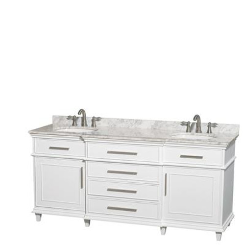 Berkeley 72 In. Double Vanity in White with Marble Vanity Top in Carrara White and Oval Sinks