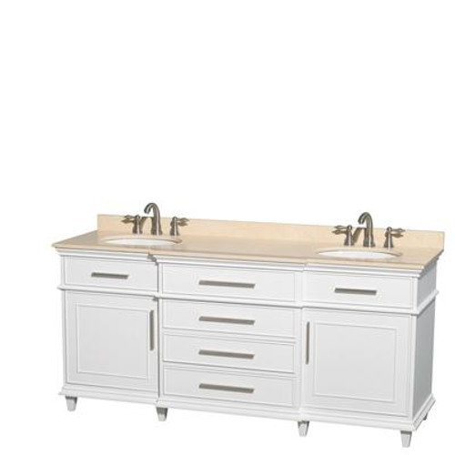 Berkeley 72 In. Double Vanity in White with Marble Vanity Top in Ivory and Oval Sinks