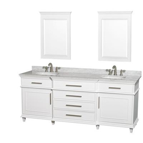 Berkeley 80 In. Double Vanity in White with Marble Top in Carrara White with Oval Sinks and Mirrors