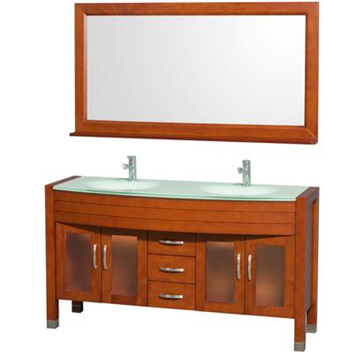 Daytona 60 In. Double Vanity in Cherry with Glass Vanity Top in Aqua