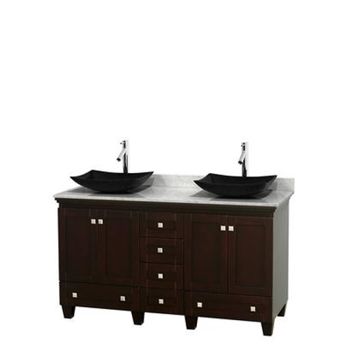 Acclaim 60 In. Double Vanity in Espresso with Top in Carrara White with Black Sinks and No Mirrors