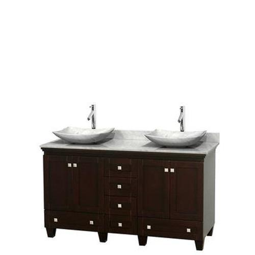 Acclaim 60 In. Vanity in Espresso with Top in Carrara White with White Carrara Sinks and No Mirrors