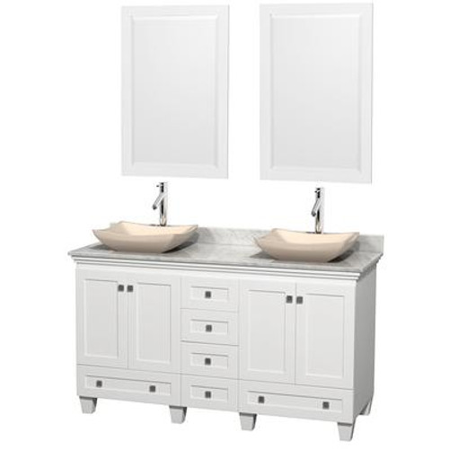 Acclaim 60 In. Double Vanity in White with Top in Carrara White with Ivory Sinks and Mirrors