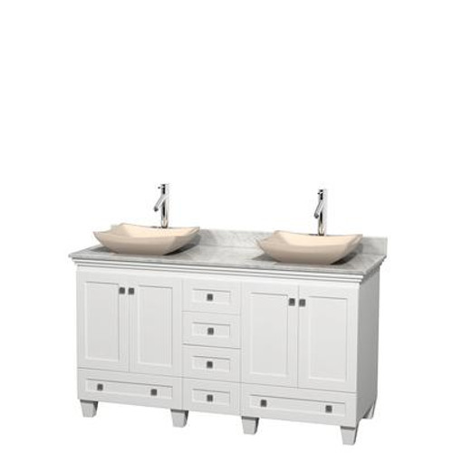 Acclaim 60 In. Double Vanity in White with Top in Carrara White with Ivory Sinks and No Mirrors