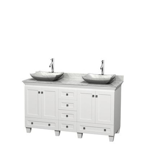 Acclaim 60 In. Double Vanity in White with Top in Carrara White with White Carrara Sinks and No Mir.