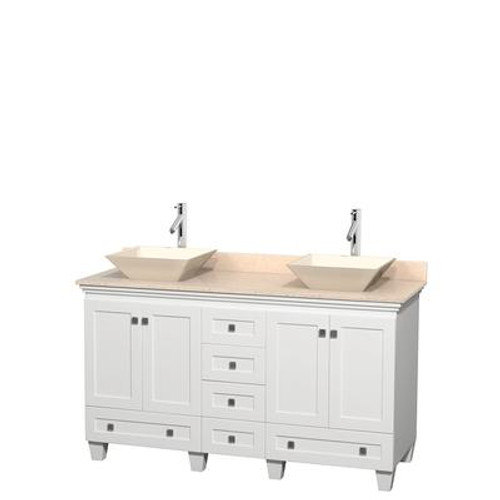 Acclaim 60 In. Double Vanity in White with Top in Ivory with Bone Sinks and No Mirrors