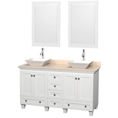 Acclaim 60 In. Double Vanity in White with Top in Ivory with White Sinks and Mirrors