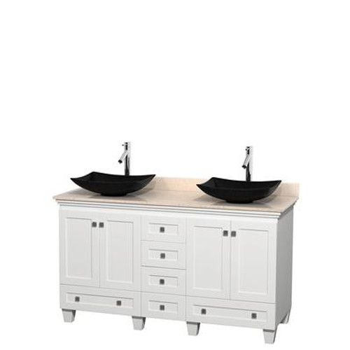 Acclaim 60 In. Double Vanity in White with Top in Ivory with Black Sinks and No Mirrors