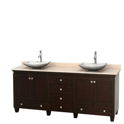 Acclaim 80 In. Double Vanity in Espresso with Top in Ivory with White Carrara Sinks and No Mirrors