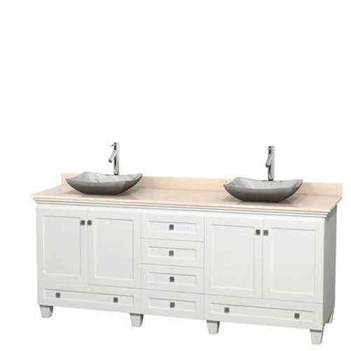 Acclaim 80 In. Double Vanity in White with Top in Ivory with White Carrara Sinks and No Mirrors