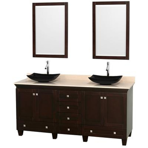 Acclaim 72 In. Double Vanity in Espresso with Top in Ivory with Black Sinks and Mirrors