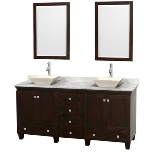 Acclaim 72 In. Double Vanity in Espresso with Top in Carrara White with Bone Sinks and Mirrors