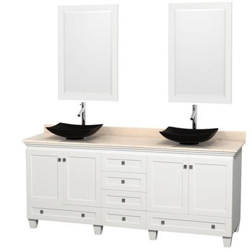 Acclaim 80 In. Double Vanity in White with Top in Ivory with Black Sinks and Mirrors