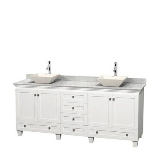 Acclaim 80 In. Double Vanity in White with Top in Carrara White with Bone Sinks and No Mirrors