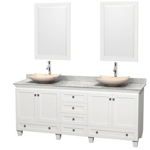 Acclaim 80 In. Double Vanity in White with Top in Carrara White with Ivory Sinks and Mirrors